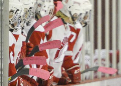 SAIT Trojans Women's Hockey - pink tape on team sticks - 2017